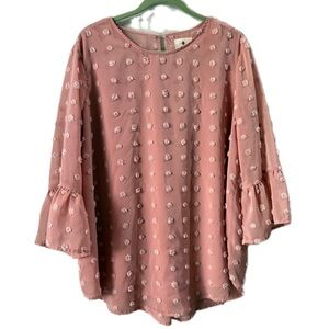 Betsy’s Boutique Women’s Peasant Rose Blouse Solid Puffy Dot Bell Sleeves XL EUC